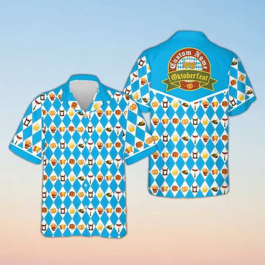 Front view of the personalized Oktoberfest hawaiian shirt featuring a blue and white Bavarian diamond pattern with pretzels and beer mugs