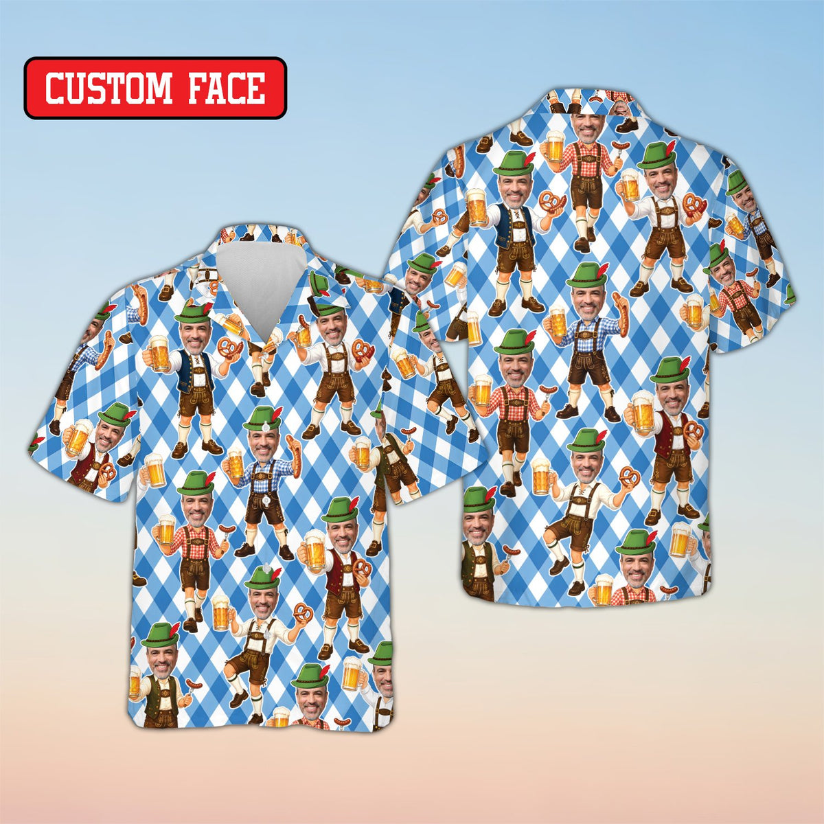 Front view of the personalized oktoberfest hawaiian shirt with blue and white diamonds pattern