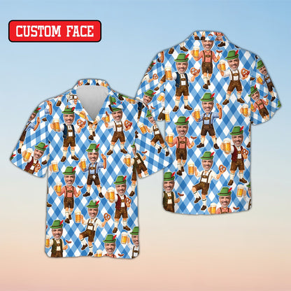 Front view of the personalized oktoberfest hawaiian shirt with blue and white diamonds pattern