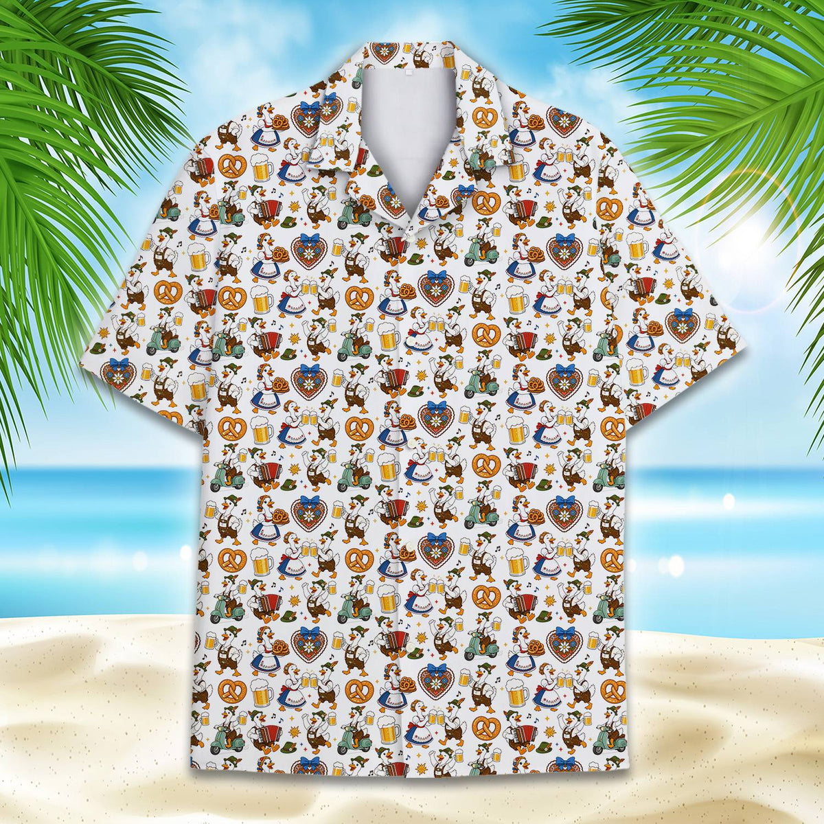 Close-up front view showing the button details on the Hawaiian shirt