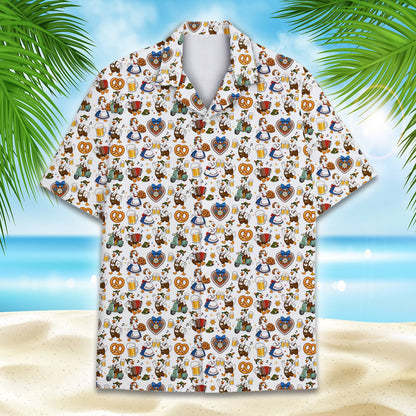 Close-up front view showing the button details on the Hawaiian shirt