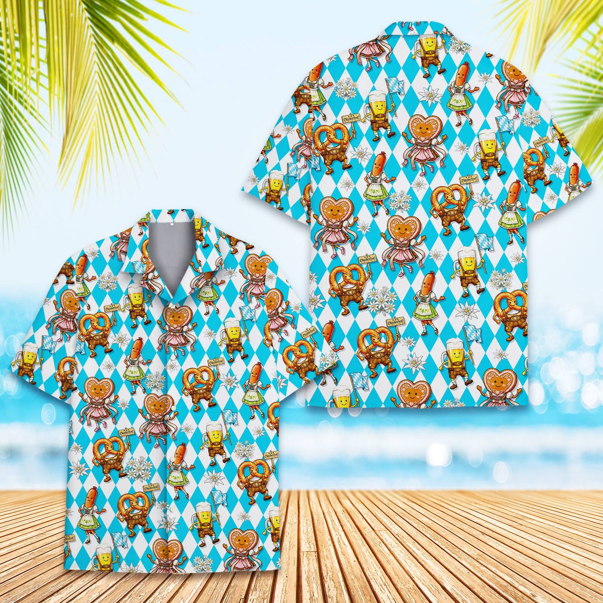 Detailed front view showing the cartoon sausage and gingerbread heart on the hawaiian shirt