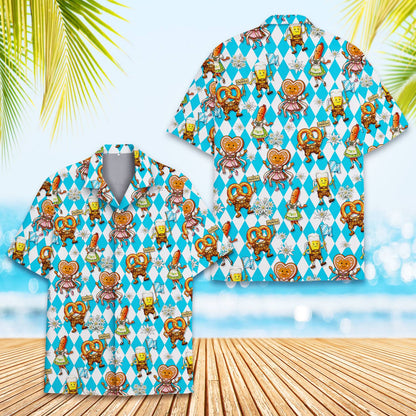 Detailed front view showing the cartoon sausage and gingerbread heart on the hawaiian shirt