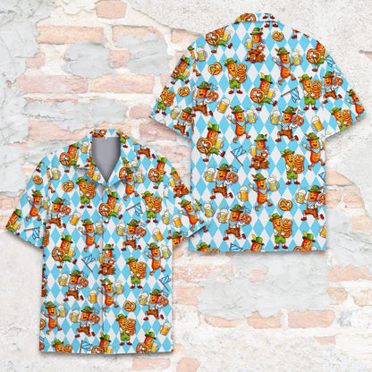 Close up front detail of the blue oktoberfest hawaiian shirt