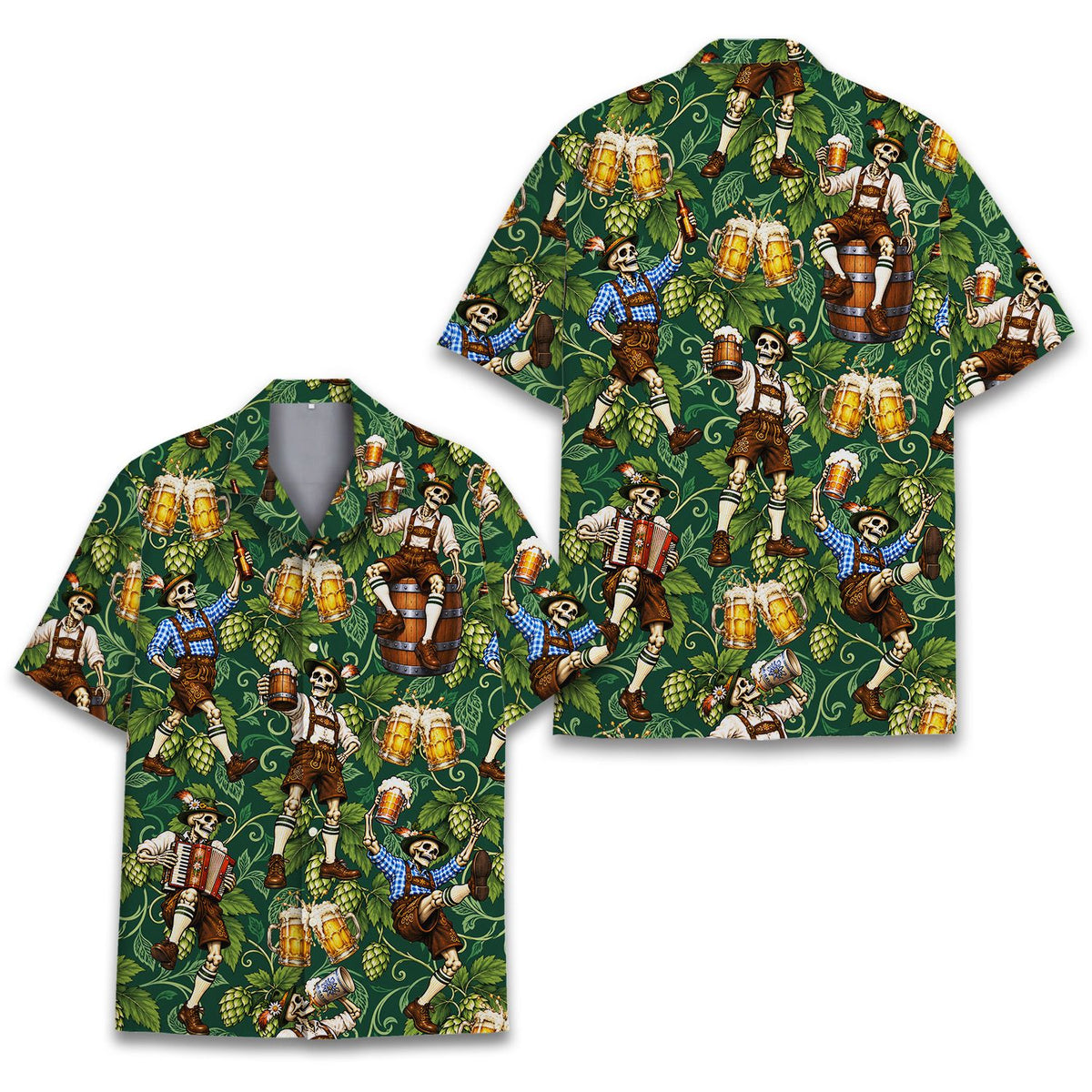 Detailed front view of the Oktoberfest Hawaiian shirt