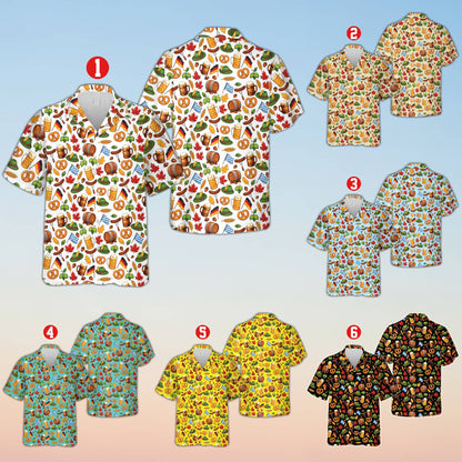 Multicolor Oktoberfest hawaiian shirt with beer and pretzel print, front view