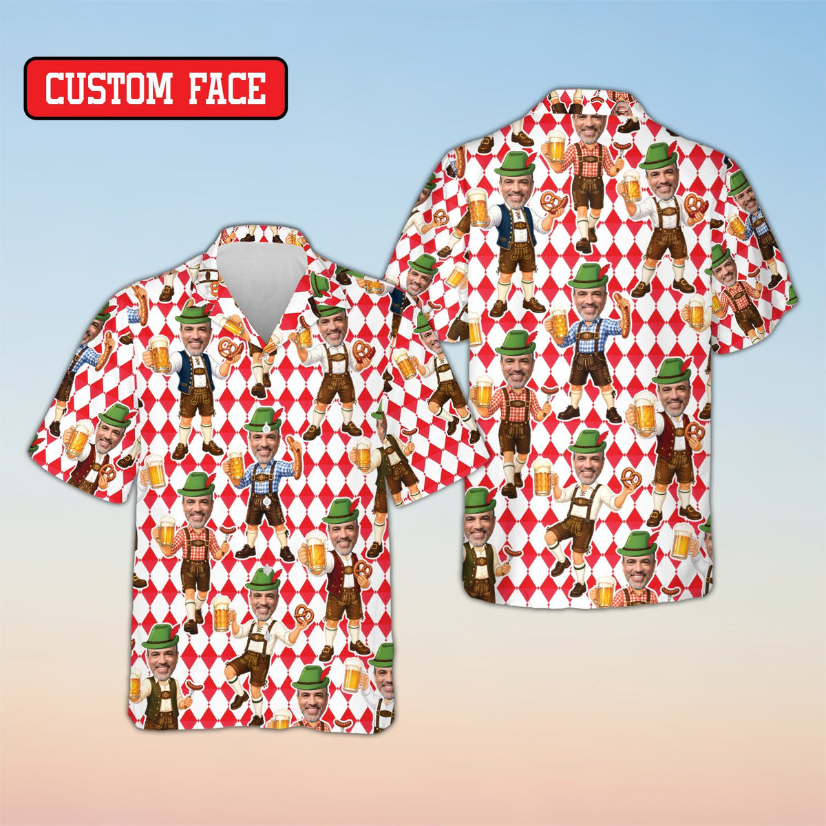 Front view of the custom name and number hawaiian shirt with red and white diamonds pattern