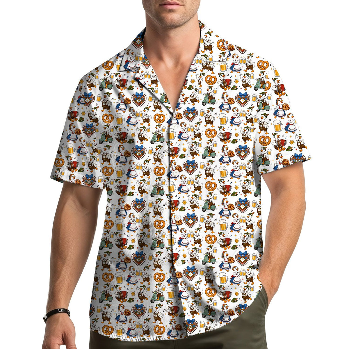 Another front angle of the festive Oktoberfest Hawaiian shirt