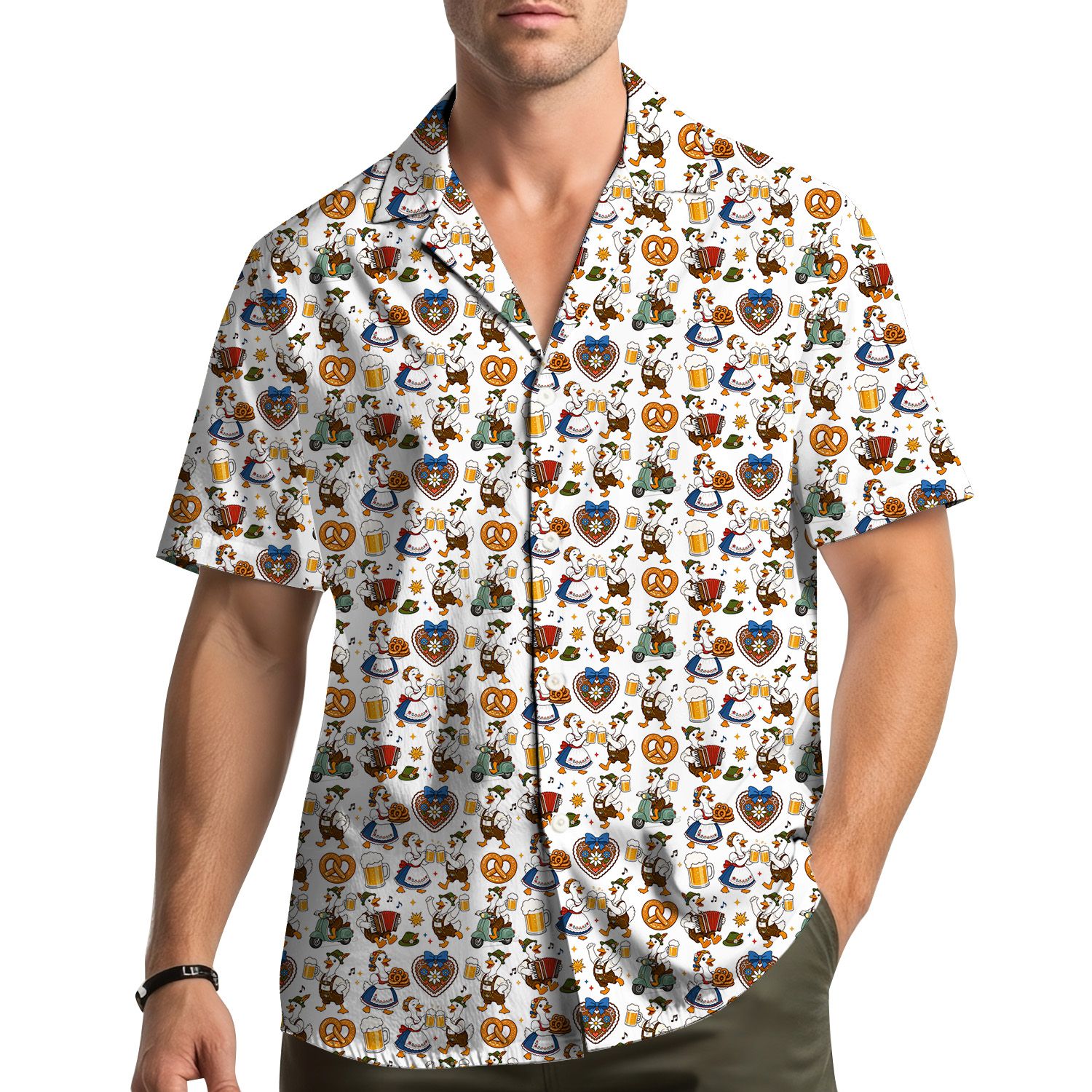 Another front angle of the festive Oktoberfest Hawaiian shirt