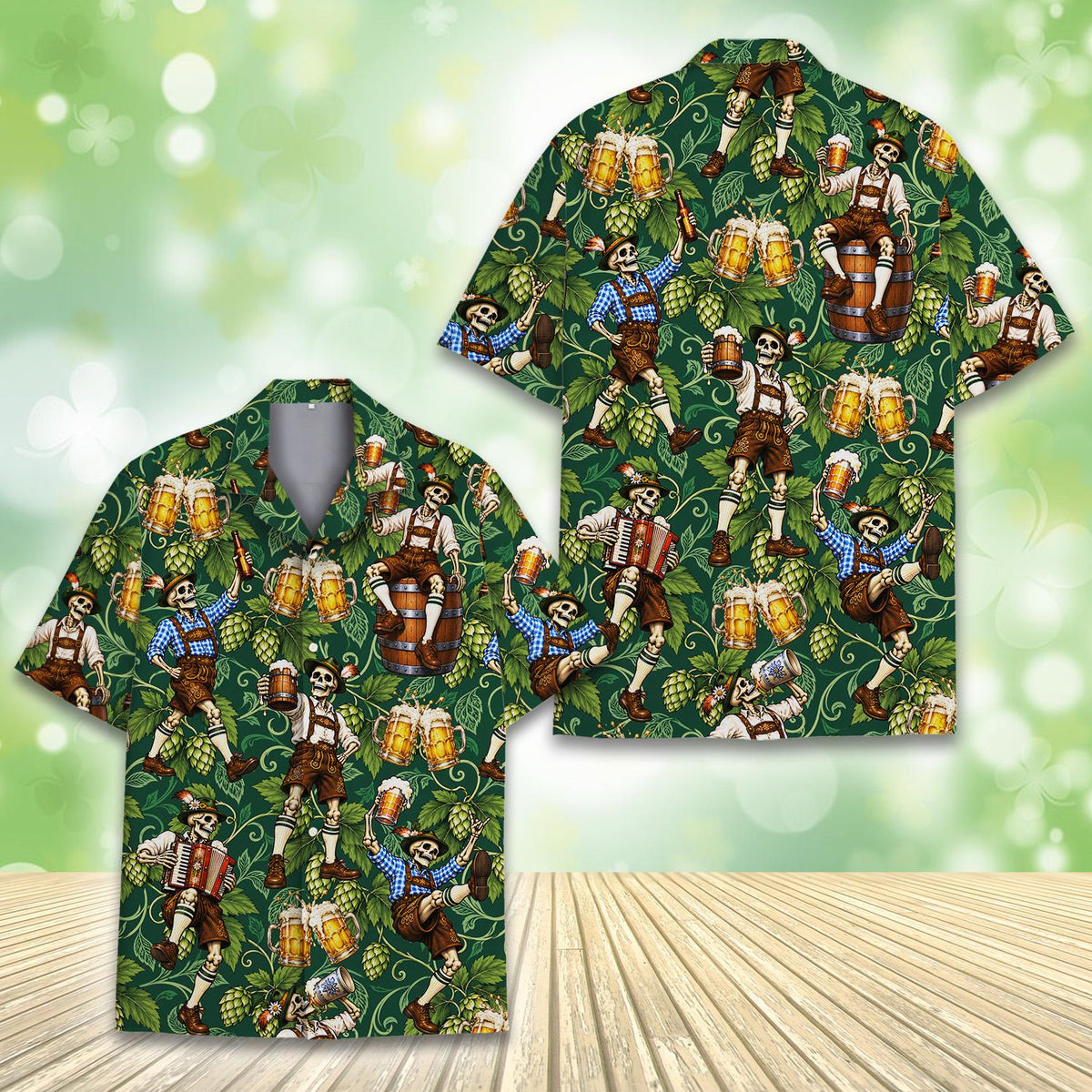 Additional front view of the skeleton Hawaiian shirt