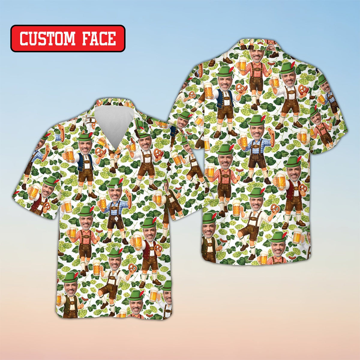 Front view of the green oktoberfest hawaiian shirt with yellow wheat pattern