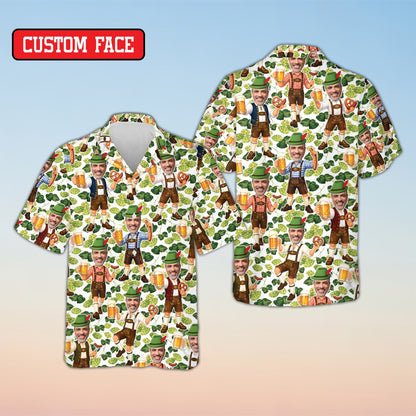 Front view of the green oktoberfest hawaiian shirt with yellow wheat pattern