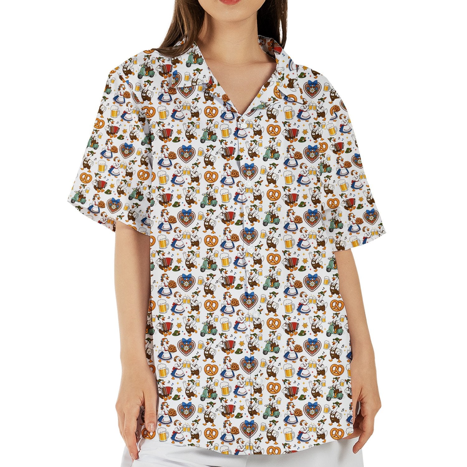 Front side showing the collar and short sleeves of the Hawaiian shirt