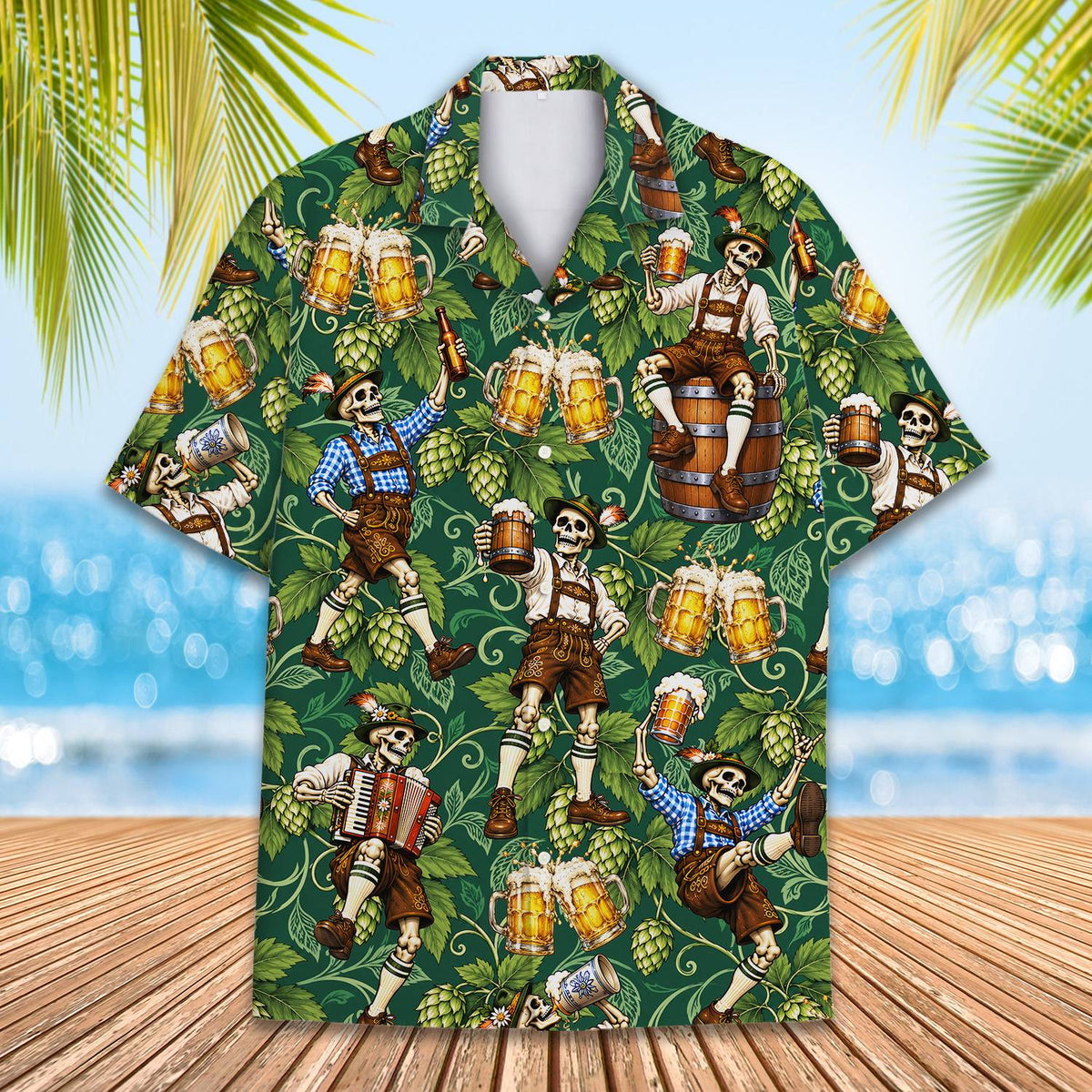Close up front view of the green Oktoberfest Hawaiian shirt