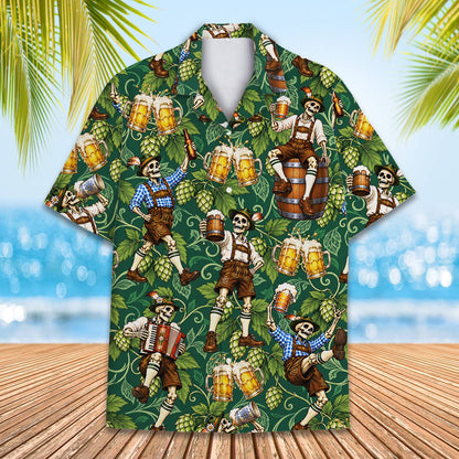 Close up front view of the green Oktoberfest Hawaiian shirt