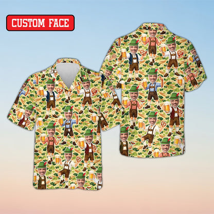 Front view of the oktoberfest hawaiian shirt showing detailed cartoon figures