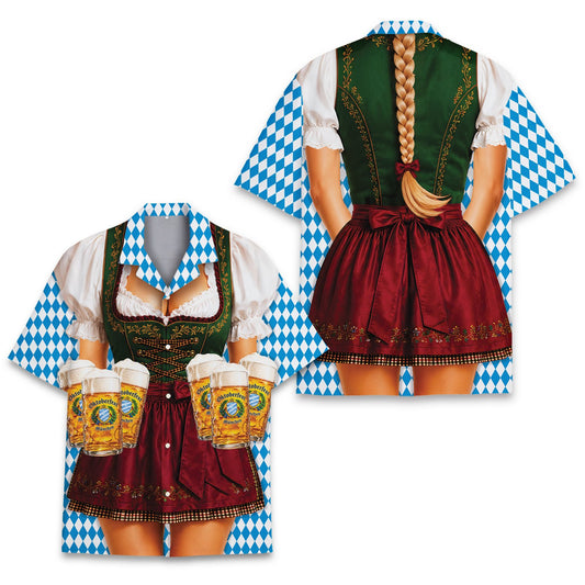 Main view of the Oktoberfest hawaiian shirt featuring a dirndl dress design