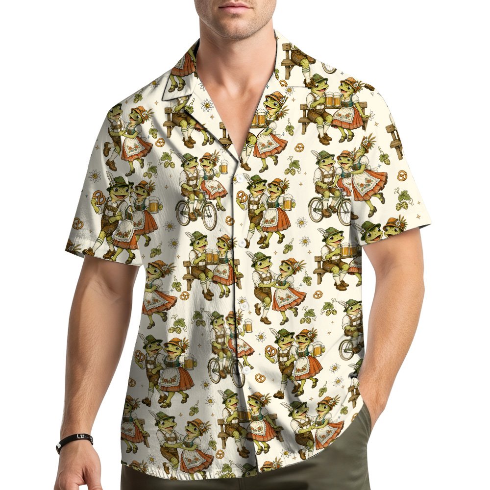 Front view of the Oktoberfest hawaiian shirt featuring Bavarian frogs on an off-white background