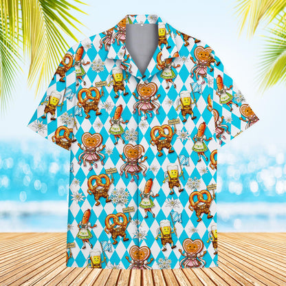 Main view of the Oktoberfest cartoon argyle hawaiian shirt featuring a blue and white diamond pattern