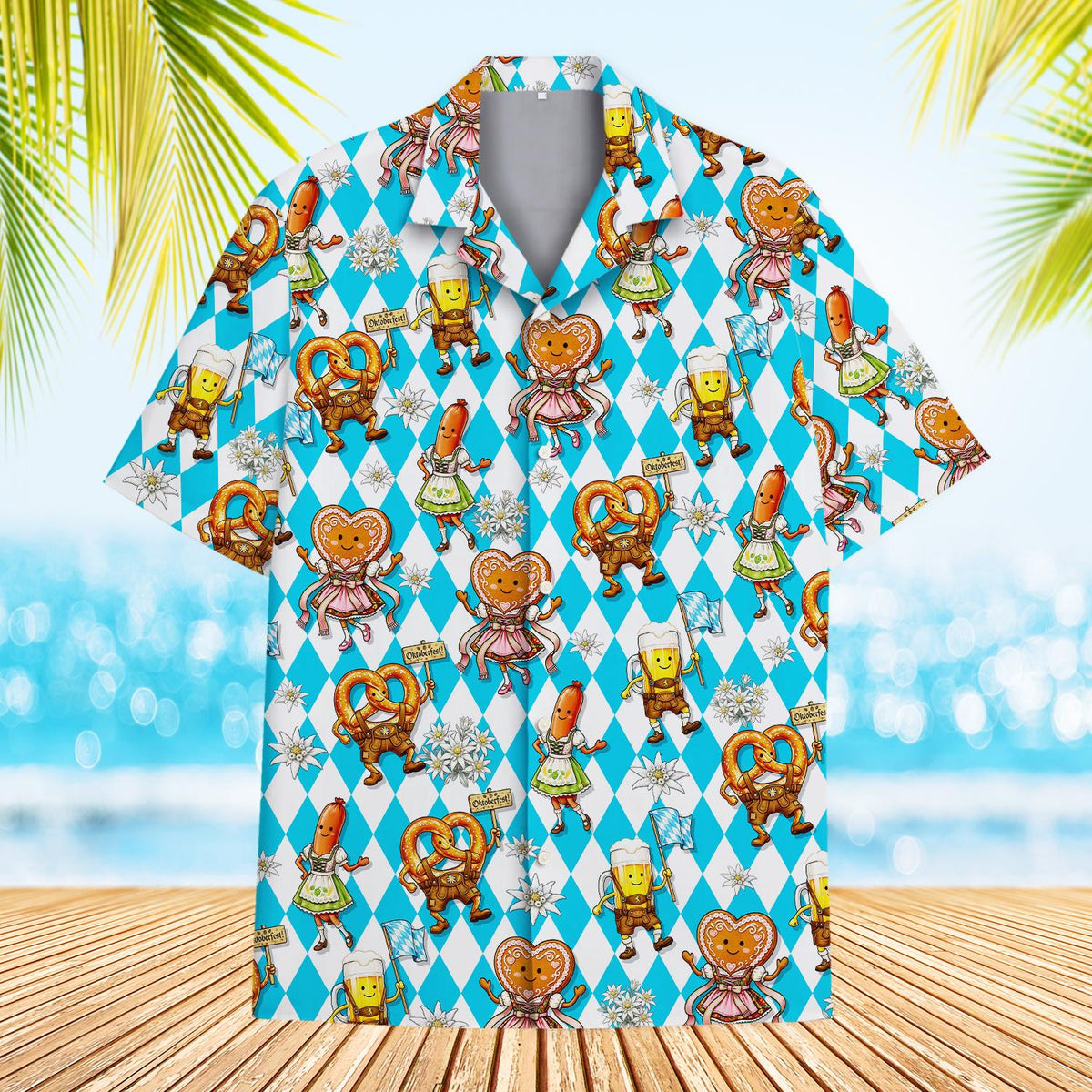 Front view of the matching family hawaiian shirt with Oktoberfest pretzel and beer mug designs