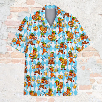 Front view of the blue oktoberfest hawaiian shirt