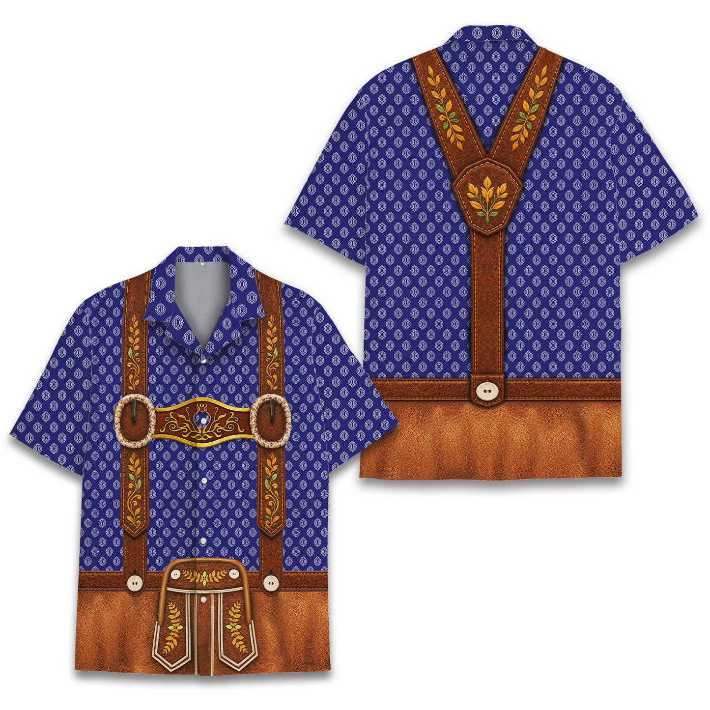 Front view of multicolor Oktoberfest hawaiian shirt