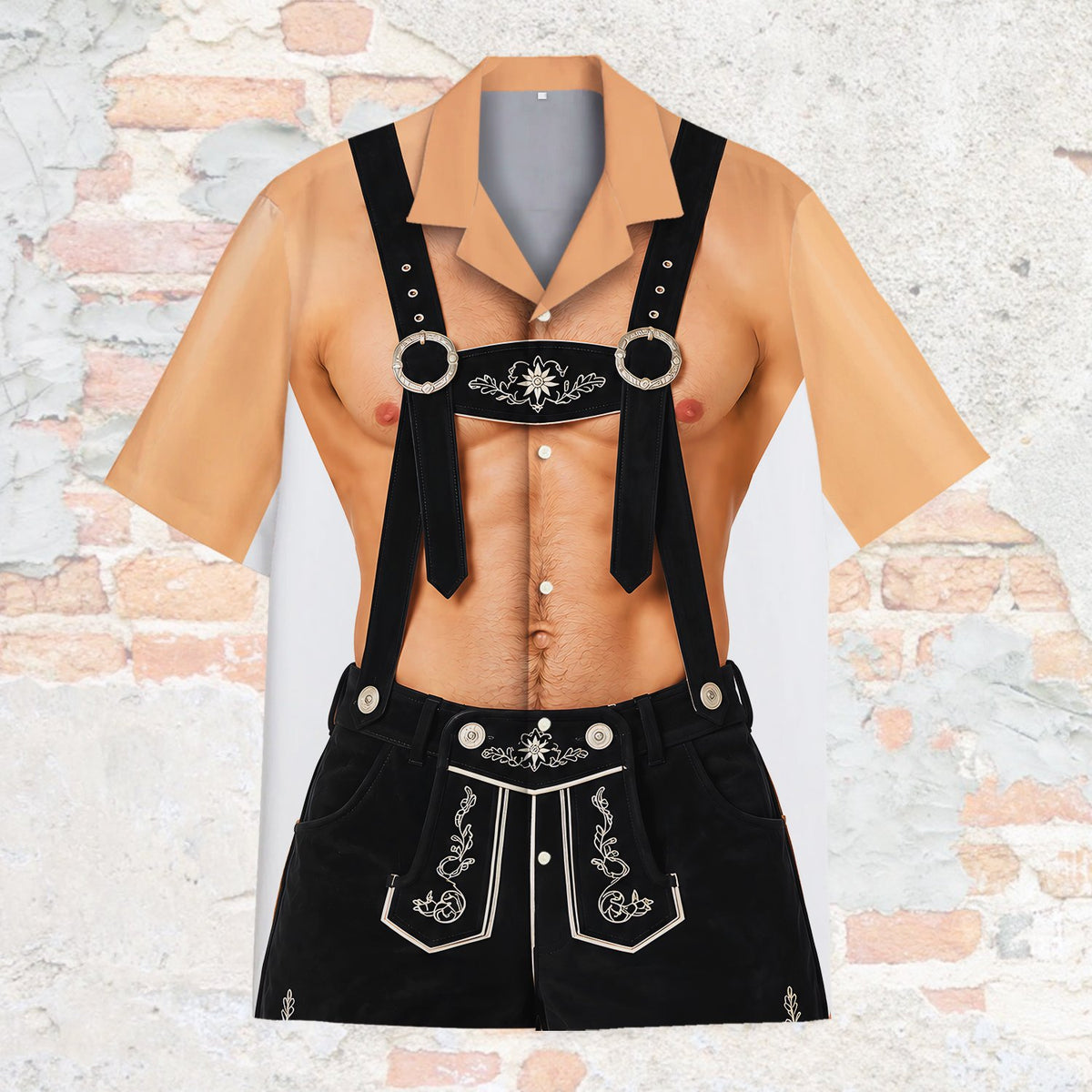 Front view of the Oktoberfest lederhosen matching family Hawaiian shirt