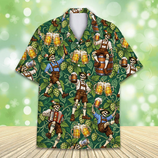Matching family Oktoberfest Hawaiian shirt with skeleton design, main view