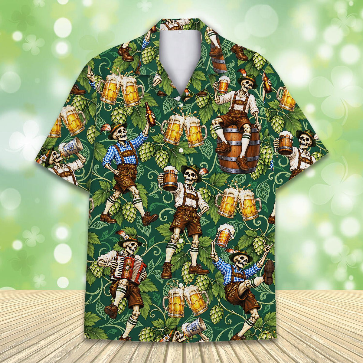 Front view of the Oktoberfest skeleton Hawaiian shirt