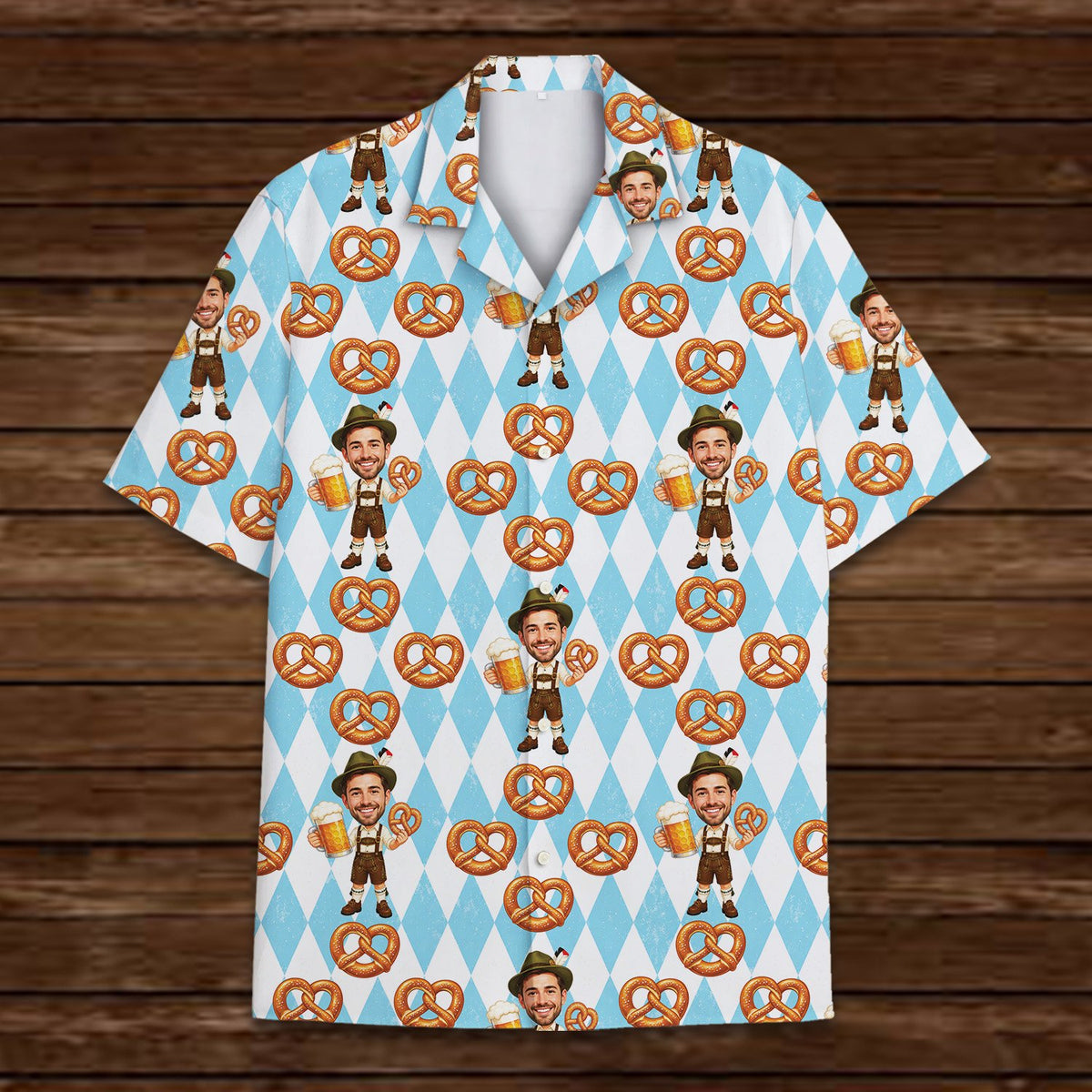 Main view of the geometric hawaiian shirt with Oktoberfest design and custom face
