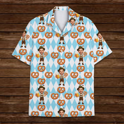 Main view of the geometric hawaiian shirt with Oktoberfest design and custom face
