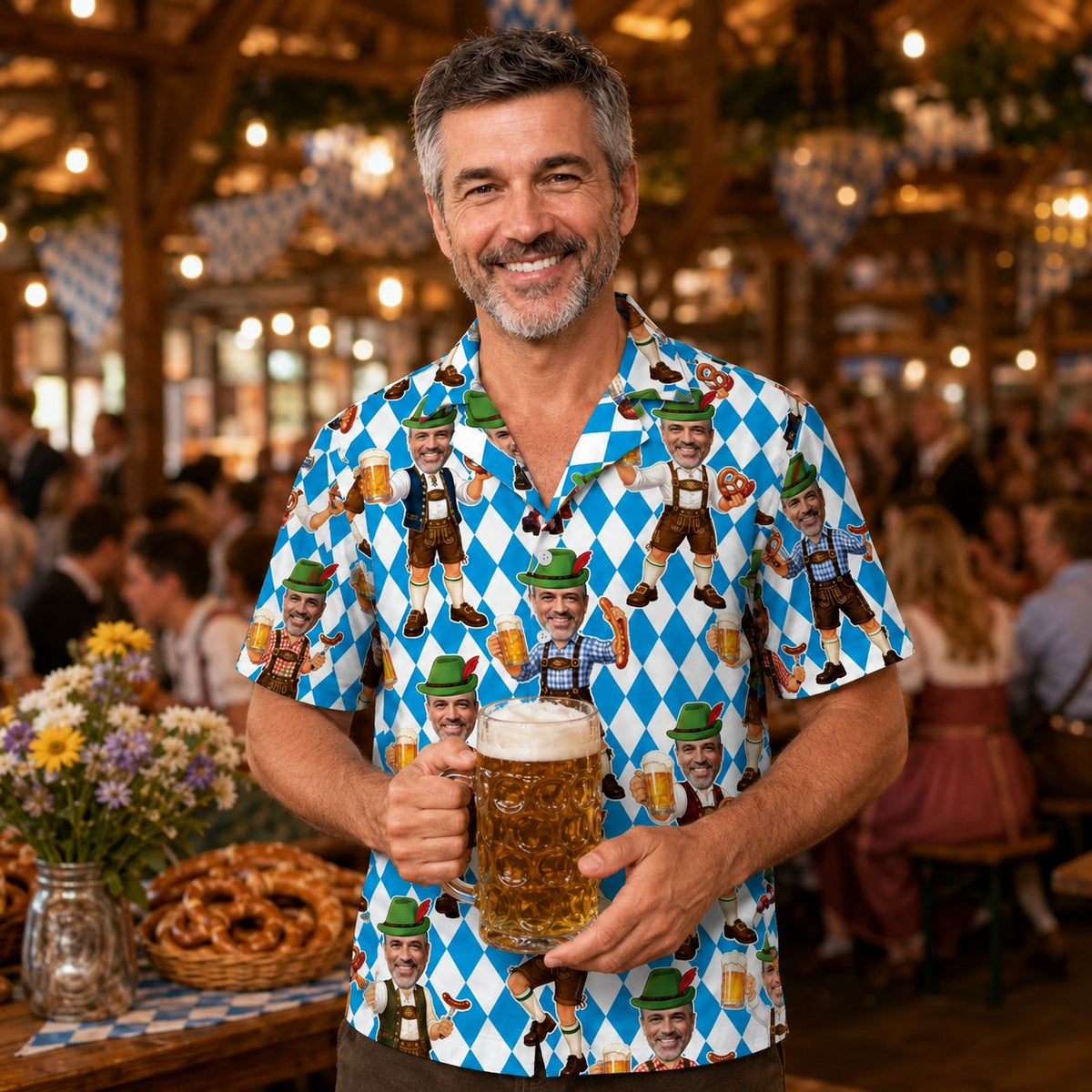 Lifestyle view of a group wearing the matching family hawaiian shirts outdoors