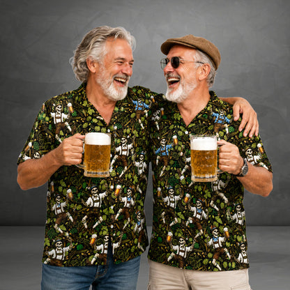 Lifestyle view of a group wearing matching family hawaiian shirts with the Oktoberfest skeleton design