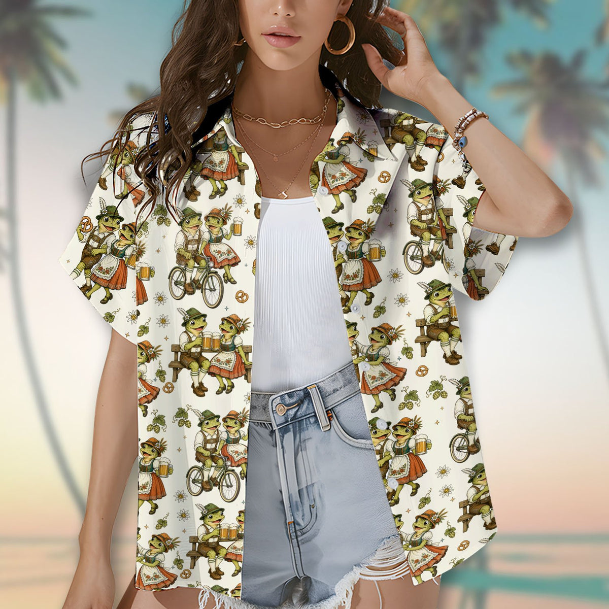 Second lifestyle view of the Bavarian frogs hawaiian shirt in a casual setting