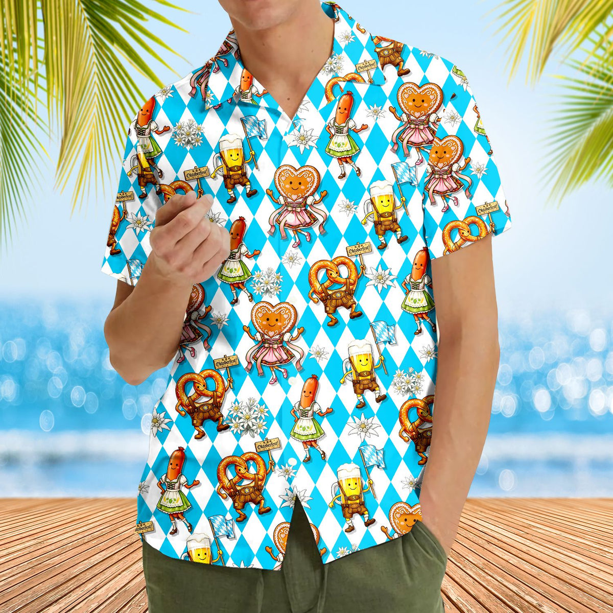 Second lifestyle image showing the matching family hawaiian shirt in a festive setting