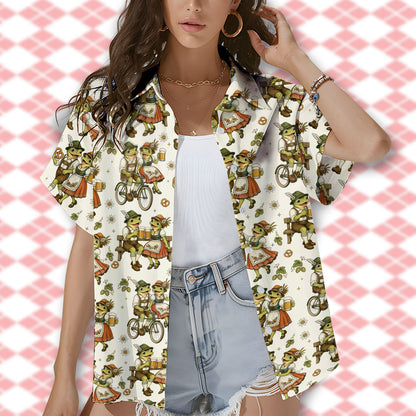 Third lifestyle view highlighting the playful frog and pretzel pattern on the shirt