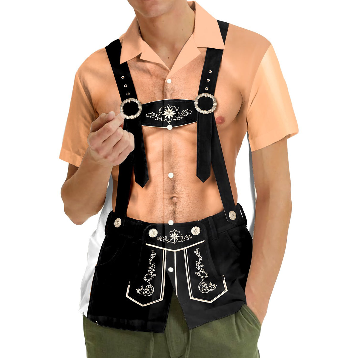 Third lifestyle image of someone wearing the Oktoberfest lederhosen Hawaiian shirt