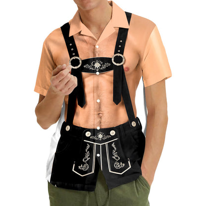 Third lifestyle image of someone wearing the Oktoberfest lederhosen Hawaiian shirt