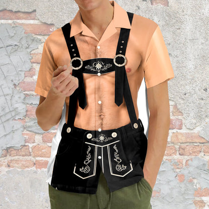 Fourth lifestyle image of someone wearing the Oktoberfest lederhosen Hawaiian shirt