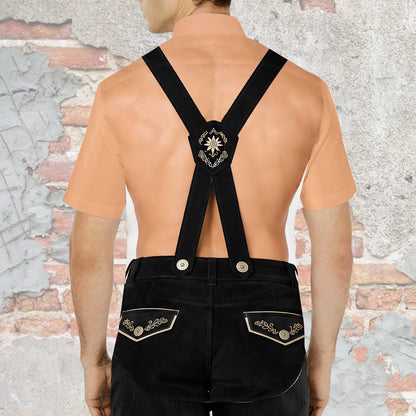 Sixth lifestyle image of someone wearing the Oktoberfest lederhosen Hawaiian shirt