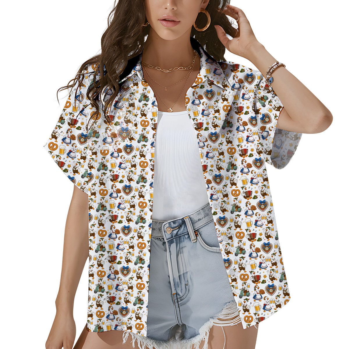 Lifestyle view of someone wearing the matching family hawaiian shirt