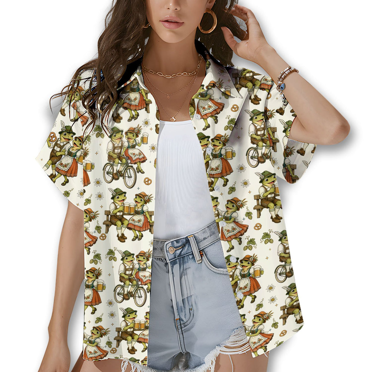 Lifestyle view of a person wearing the Oktoberfest hawaiian shirt