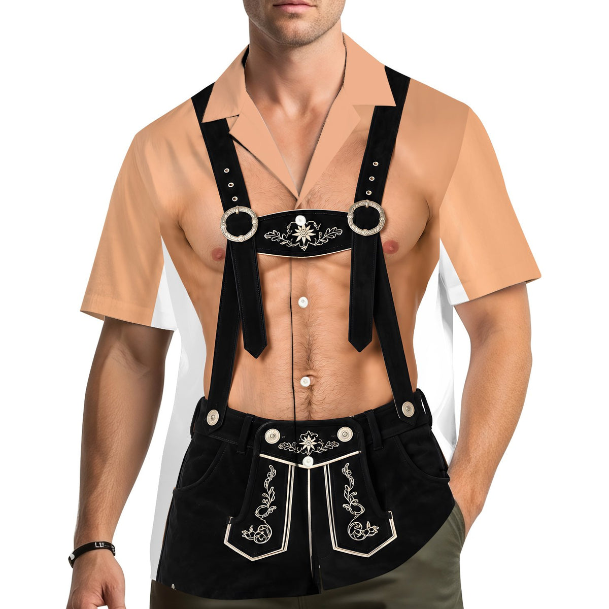 Lifestyle image of someone wearing the Oktoberfest lederhosen Hawaiian shirt