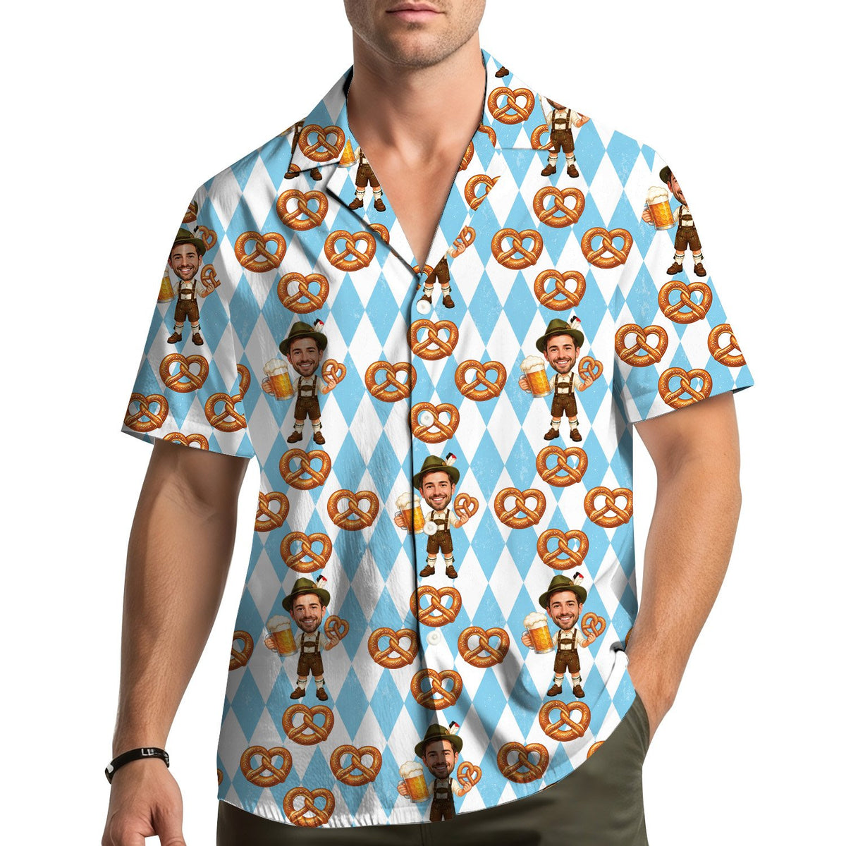 Lifestyle view of a person wearing the geometric hawaiian shirt