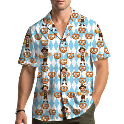 Lifestyle view of a person wearing the geometric hawaiian shirt