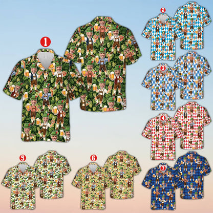 Lifestyle view of people celebrating in the green oktoberfest hawaiian shirt