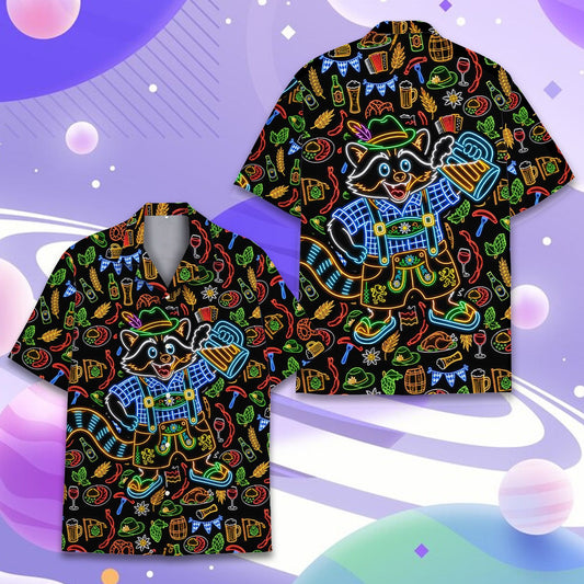 Oktoberfest neon raccoon Hawaiian shirt main view featuring a black background and vibrant neon graphics