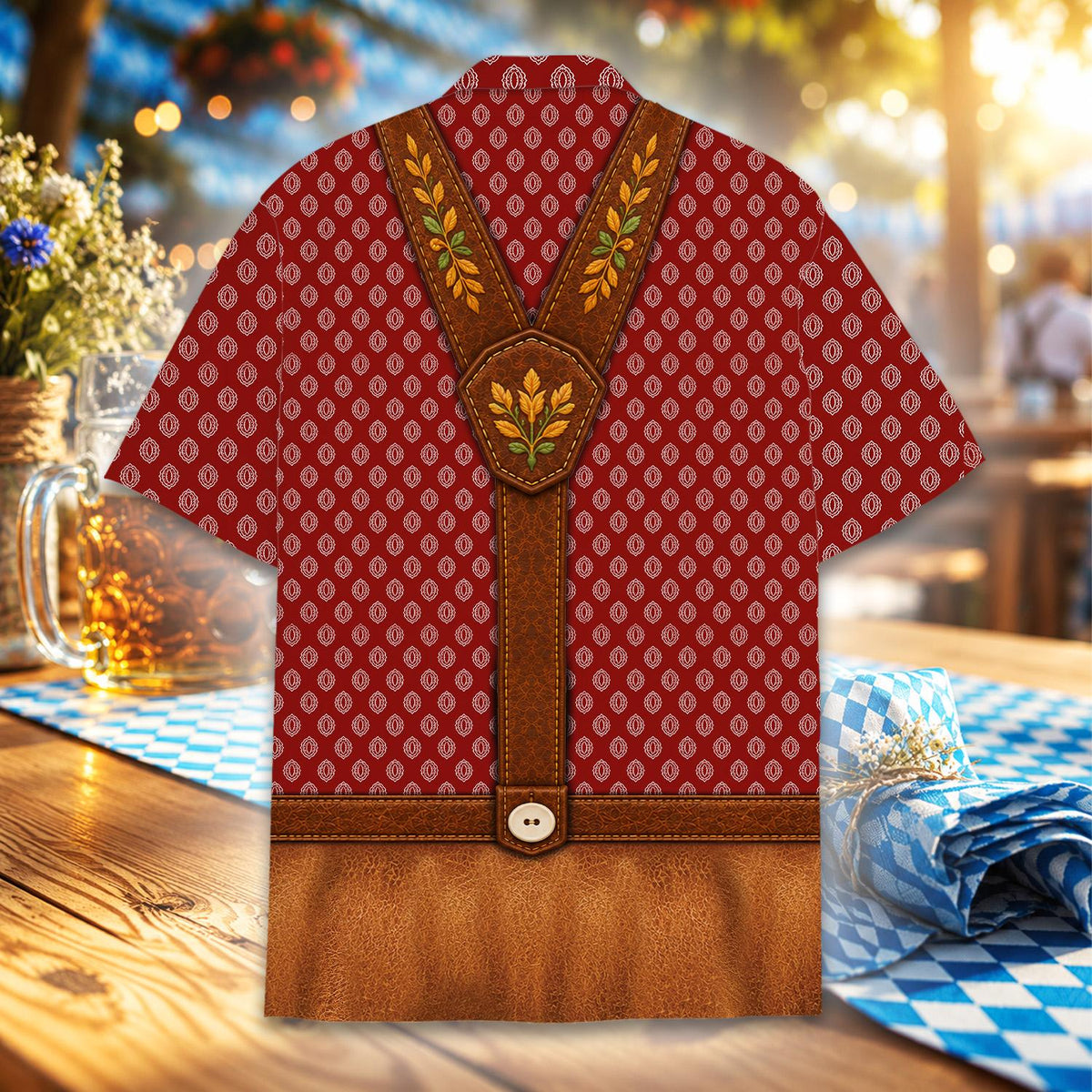 Back view of red Oktoberfest ki t shirt style hawaiian shirt