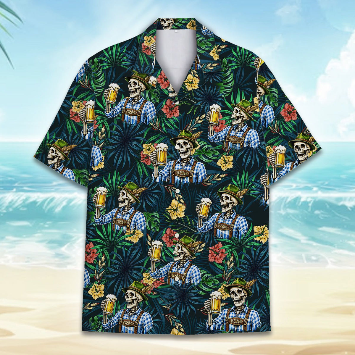 Another front view of the Oktoberfest skeleton hawaiian shirt