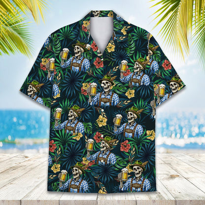 Detailed front view of the Oktoberfest skeleton hawaiian shirt
